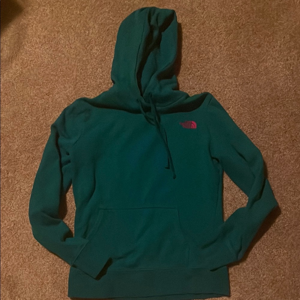 The North Face Teal Green Hoodie with Pink Logo